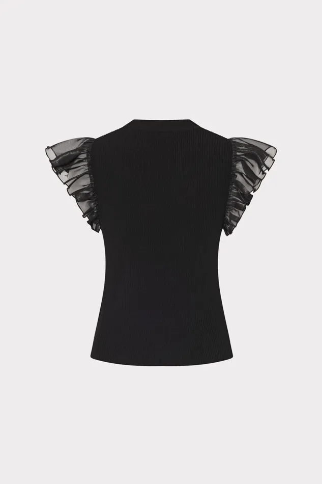 Milly Chiffon Flutter Sleeve Knit Top Black Women Tops