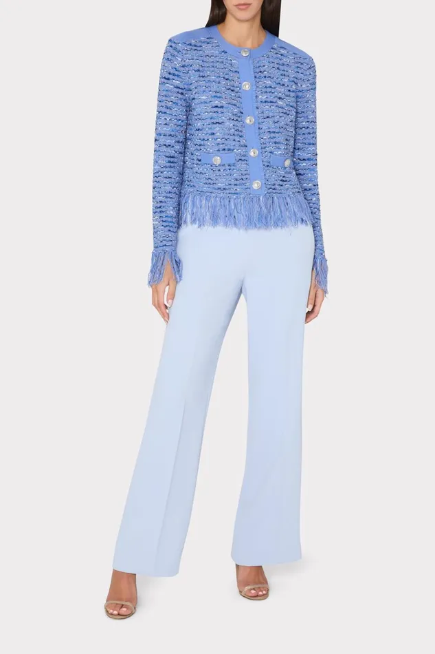 Milly Fringe Trim Cardigan Blue Women Sweaters and Knits