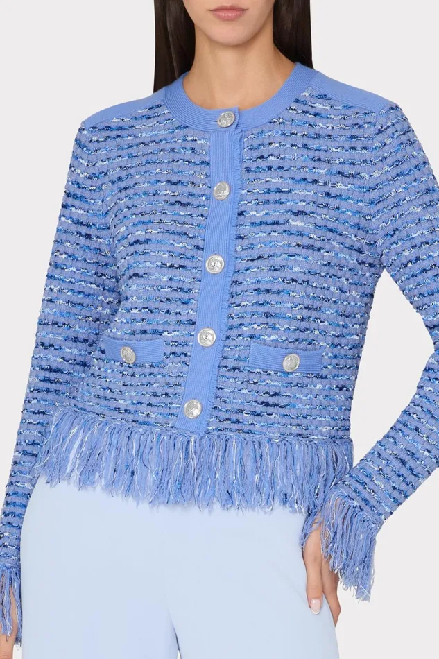 Milly Fringe Trim Cardigan Blue Women Sweaters and Knits