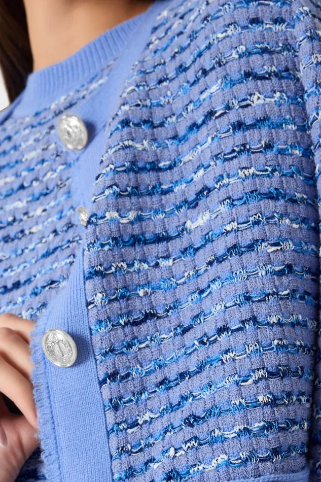 Milly Fringe Trim Cardigan Blue Women Sweaters and Knits