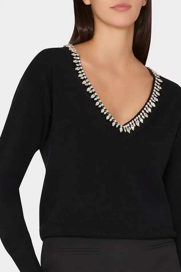 Milly Kalia Crystal VNeck Sweater Black Women Tops Milly Kalia Crystal VNeck Sweater Black Women Tops