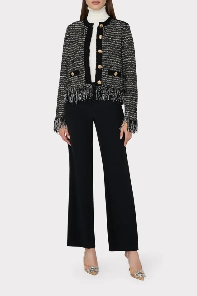 Milly Metallic Textured Fringe Cardigan Black Gold Multi Women Tops