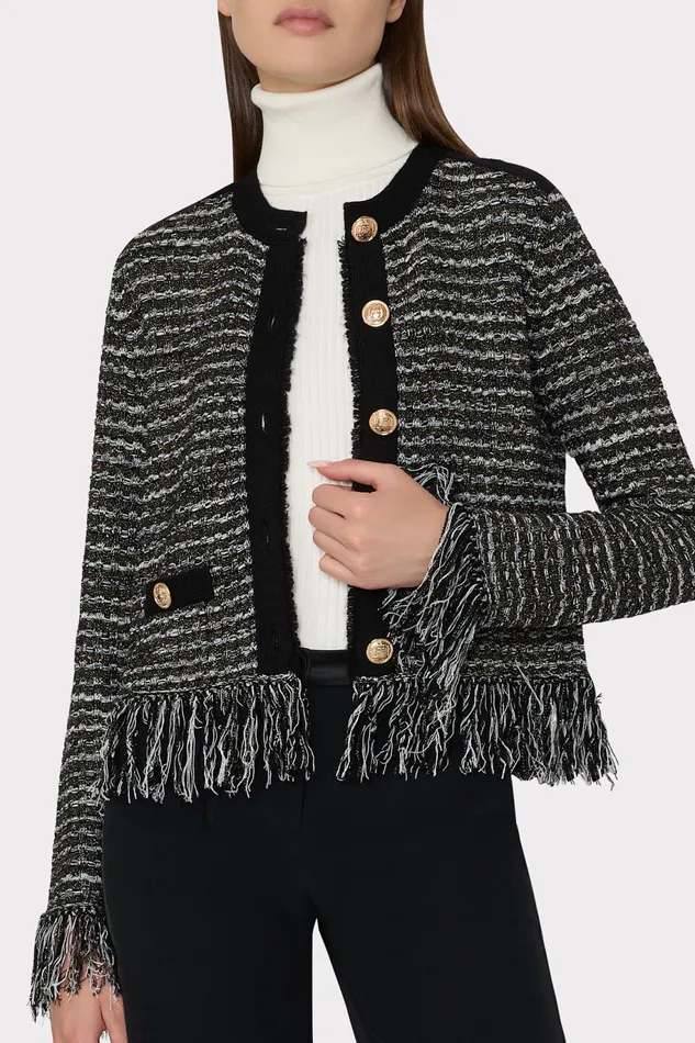 Milly Metallic Textured Fringe Cardigan Black Gold Multi Women Tops