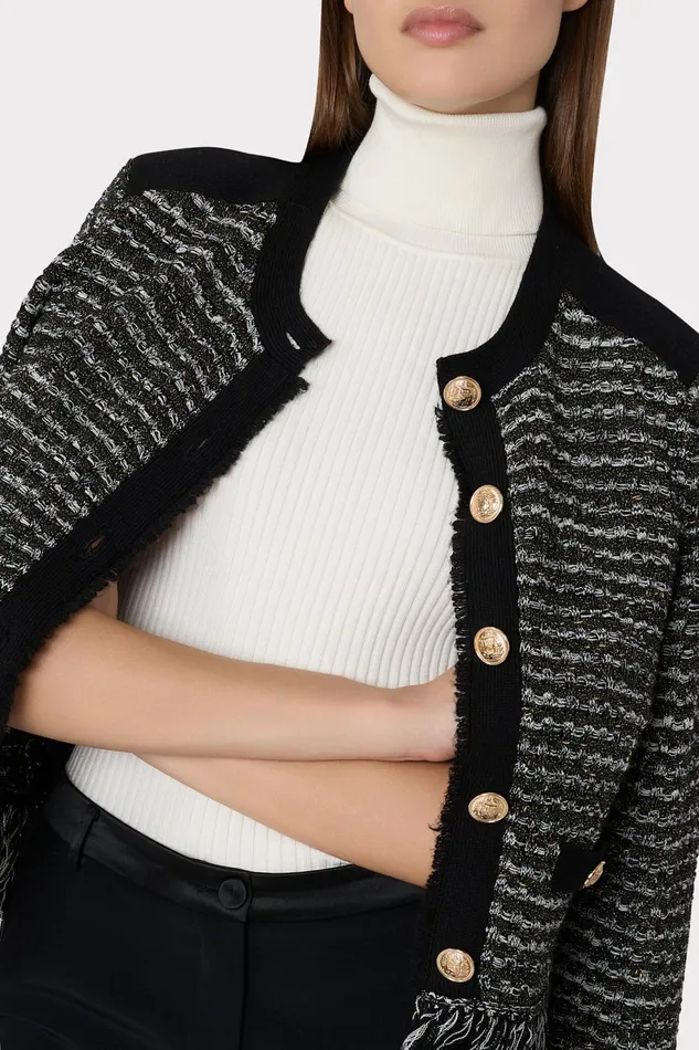 Milly Metallic Textured Fringe Cardigan Black Gold Multi Women Tops
