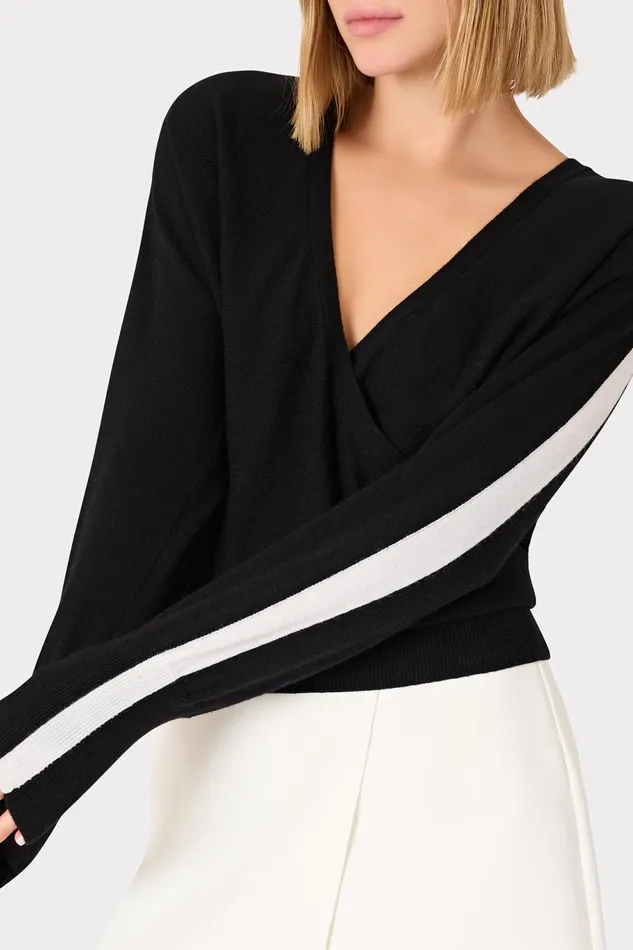 Milly Racer VNeck Sweater Blackecru Women Tops Milly Racer VNeck Sweater Blackecru Women Tops