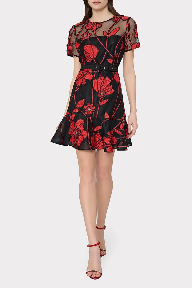 Milly Rosie Grand Fleur Embroidered Dress Red Women Dresses