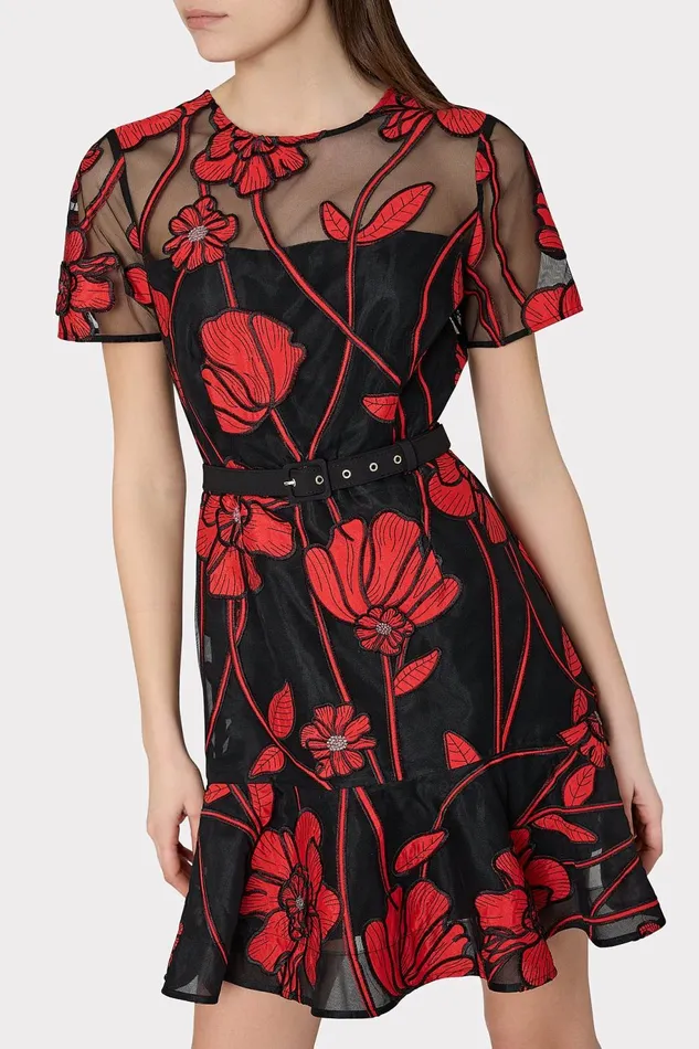 Milly Rosie Grand Fleur Embroidered Dress Red Women Dresses