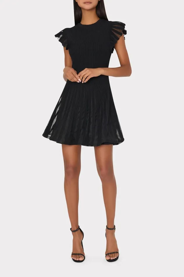 Milly Sheer Flutter Sleeve Knit Mini Dress Black Women Sweaters and Knits