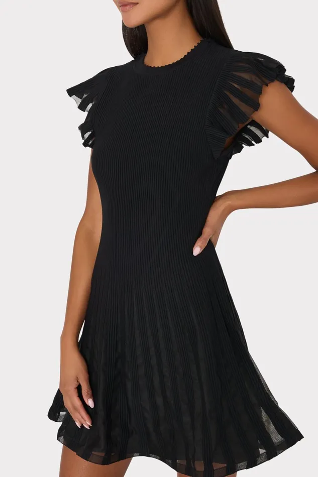 Milly Sheer Flutter Sleeve Knit Mini Dress Black Women Sweaters and Knits
