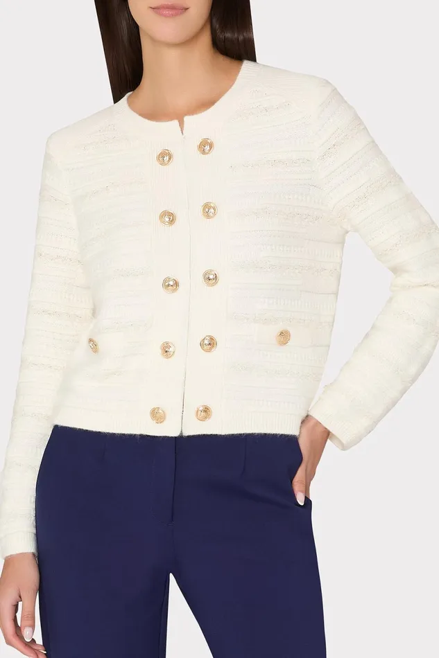 Milly Textured Knit Cardigan Ecru Women Coats and Jackets