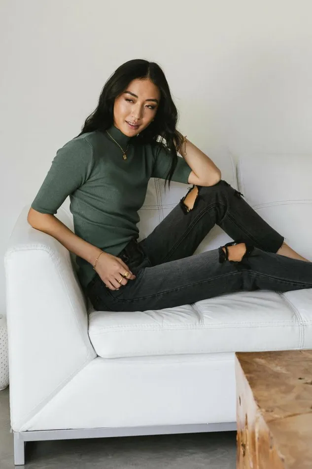 Mock Neck Sweater Top In Green Green Women Bohme Tops
