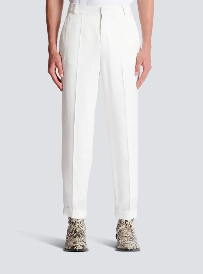 Monogram Satin Trousers White Men Balmain Trousers And Shorts