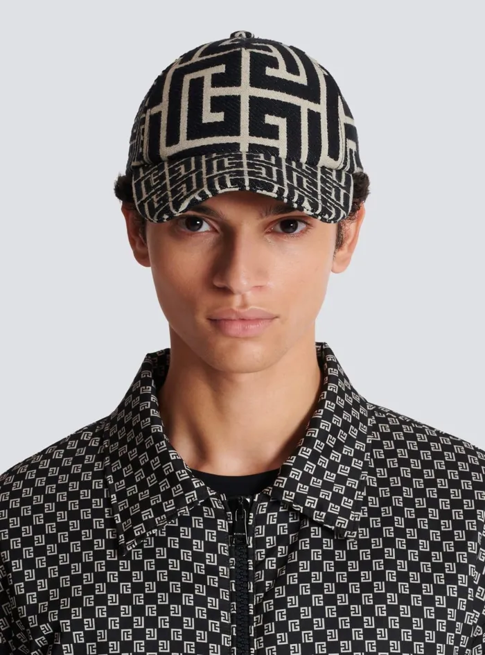 Monogrammed Jacquard Cap Black Men Balmain Hats And Caps