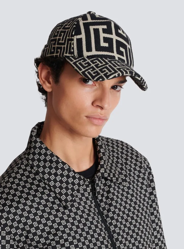 Monogrammed Jacquard Cap Black Men Balmain Hats And Caps