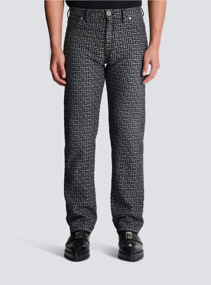 Monogrammed Jacquard Denim Jeans Black Men Balmain Denim