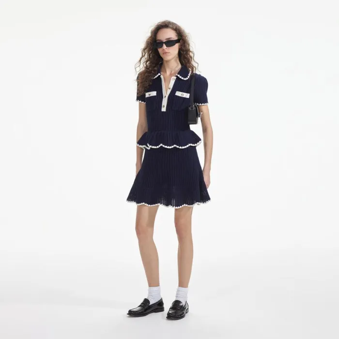 Navy Crochet Flared Mini Dress Women Self Portrait Dresses Navy Crochet Flared Mini Dress Women Self Portrait Dresses
