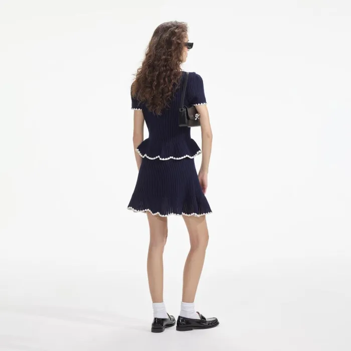 Navy Crochet Flared Mini Dress Women Self Portrait Dresses Navy Crochet Flared Mini Dress Women Self Portrait Dresses