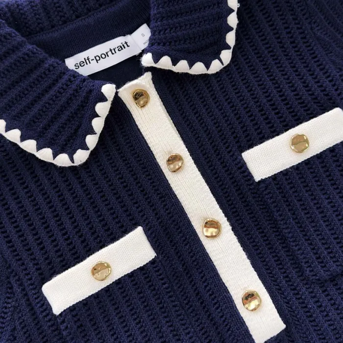 Navy Crochet Flared Mini Dress Women Self Portrait Dresses Navy Crochet Flared Mini Dress Women Self Portrait Dresses
