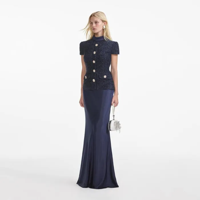 Navy Metallic Boucle Maxi Dress Women Self Portrait Wedding Guest