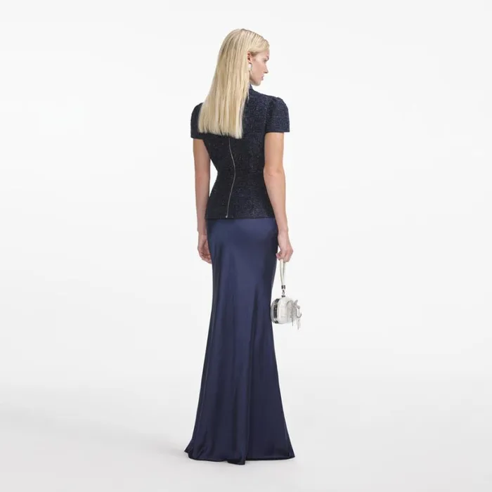 Navy Metallic Boucle Maxi Dress Women Self Portrait Wedding Guest
