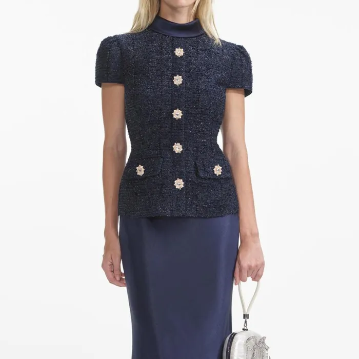 Navy Metallic Boucle Maxi Dress Women Self Portrait Wedding Guest