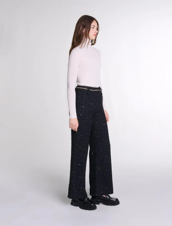 Pants and Jeans Women Maje Sequinned Tweed Trousers Black
