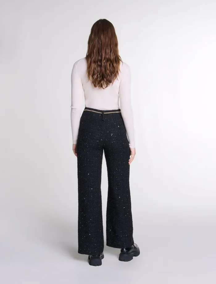 Pants and Jeans Women Maje Sequinned Tweed Trousers Black