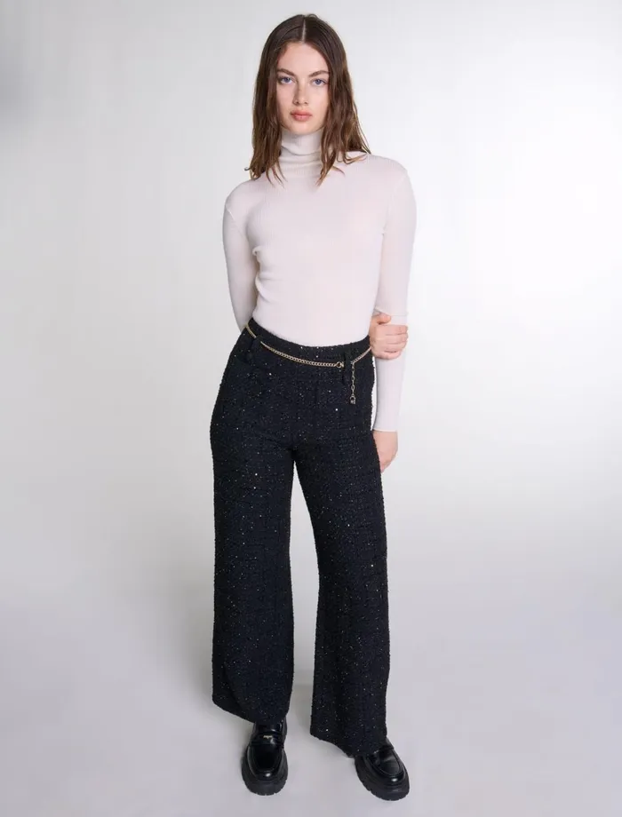 Pants and Jeans Women Maje Sequinned Tweed Trousers Black