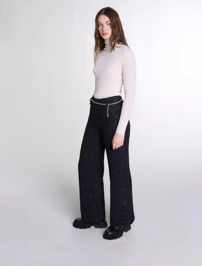 Pants and Jeans Women Maje Sequinned Tweed Trousers Black