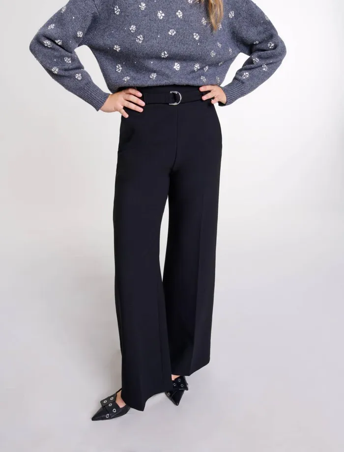Pants and Jeans Women Maje Wide Belted Trousers Black Pants and Jeans Women Maje Wide Belted Trousers Black