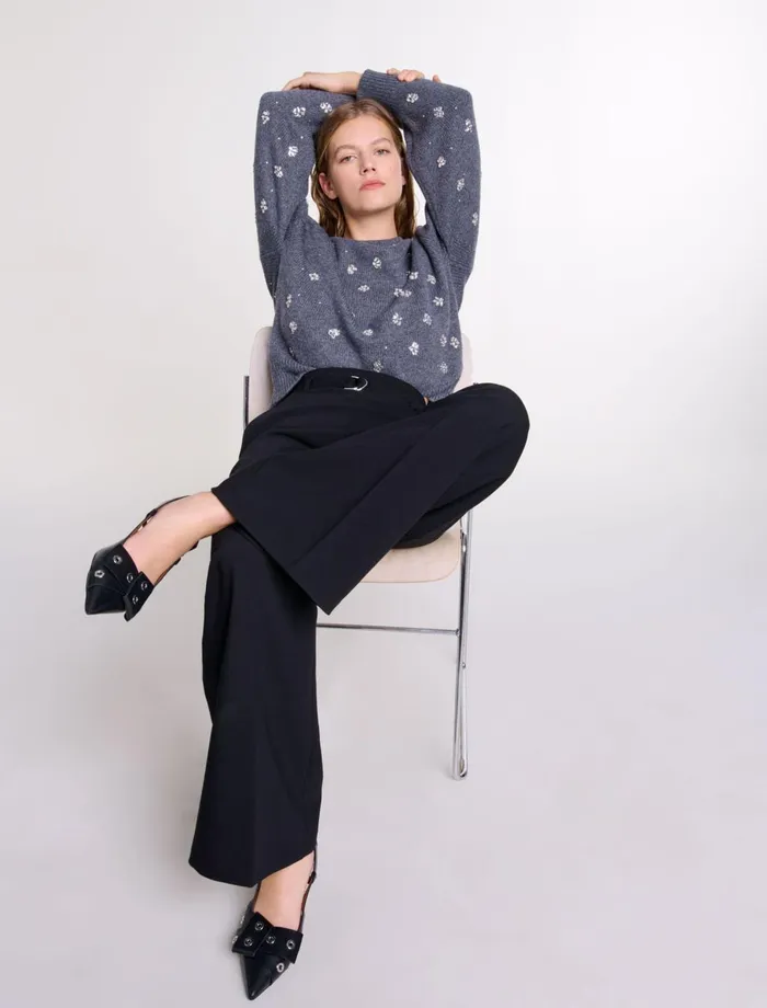 Pants and Jeans Women Maje Wide Belted Trousers Black Pants and Jeans Women Maje Wide Belted Trousers Black