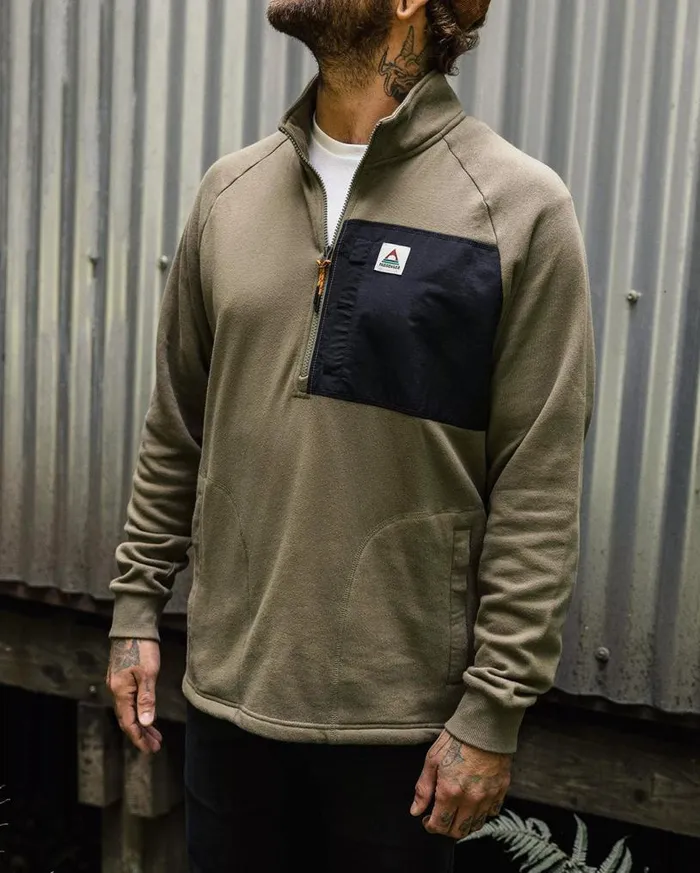 Passenger Clothing Offgrid 14 Zip Recycled Cotton Sweatshirt Dusty Olive Men Hoodies and Sweatshirts