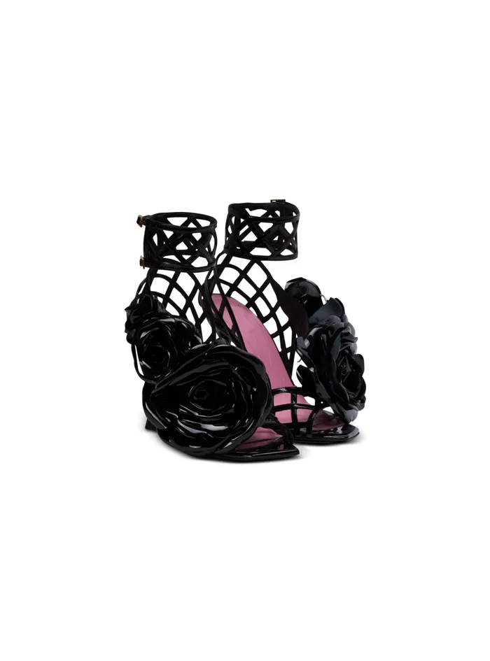 Patent Leather Eden Sandals With Flowers Black Women Balmain High Heels and Pumps
