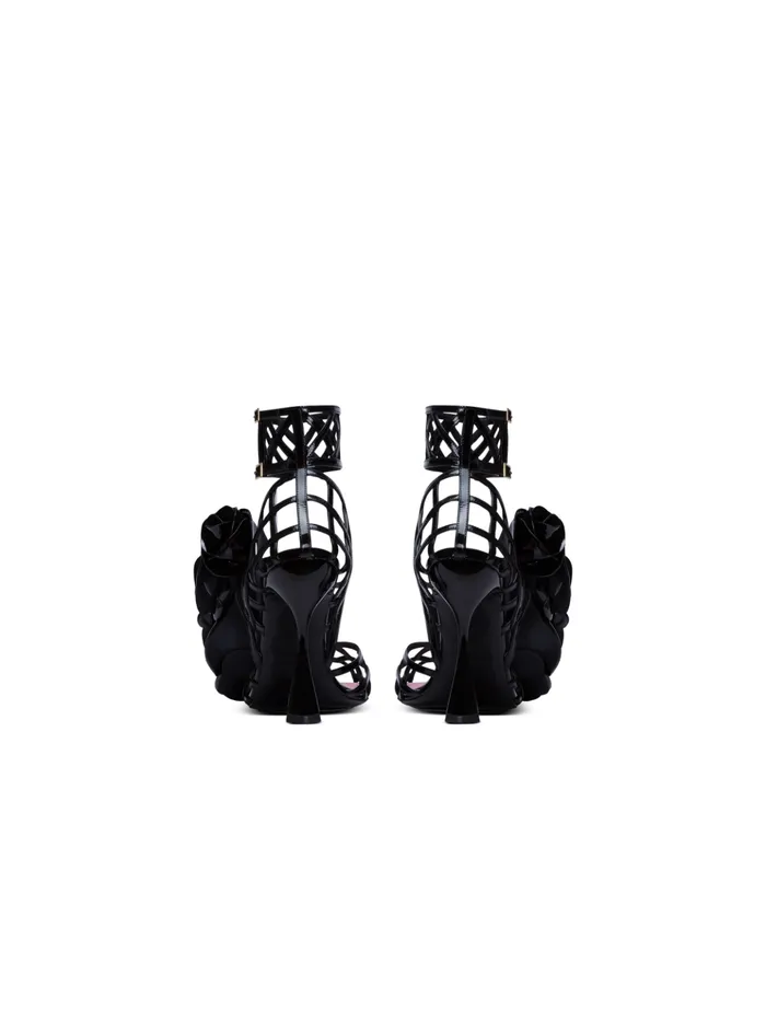 Patent Leather Eden Sandals With Flowers Black Women Balmain High Heels and Pumps