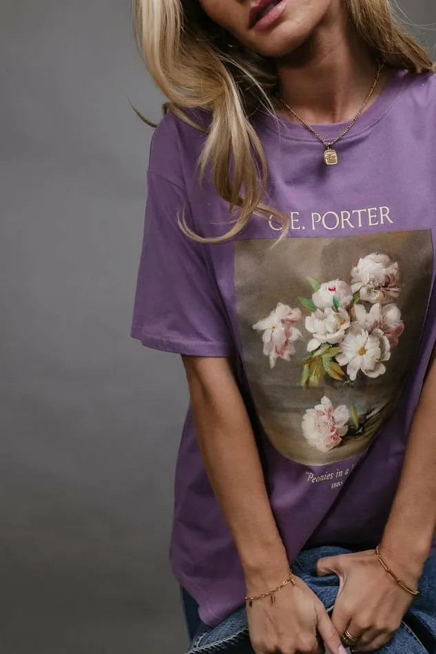Peonies In A Vase Graphic Tee Purple Women Bohme Tees and Tanks