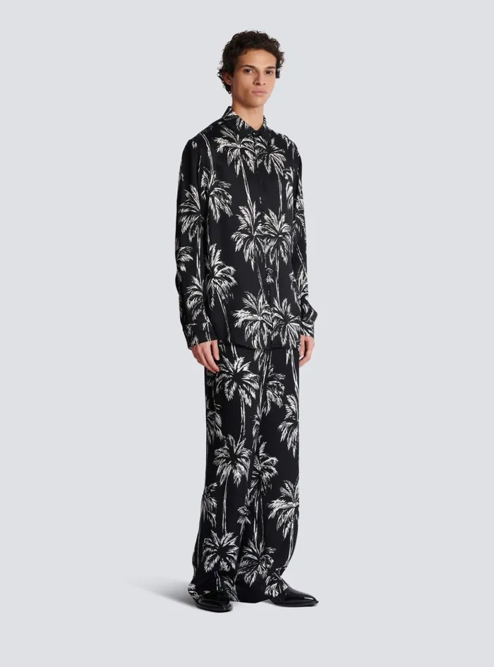 Printed Satin Palm Tree Shirt Black Men Balmain Shirts And Polos