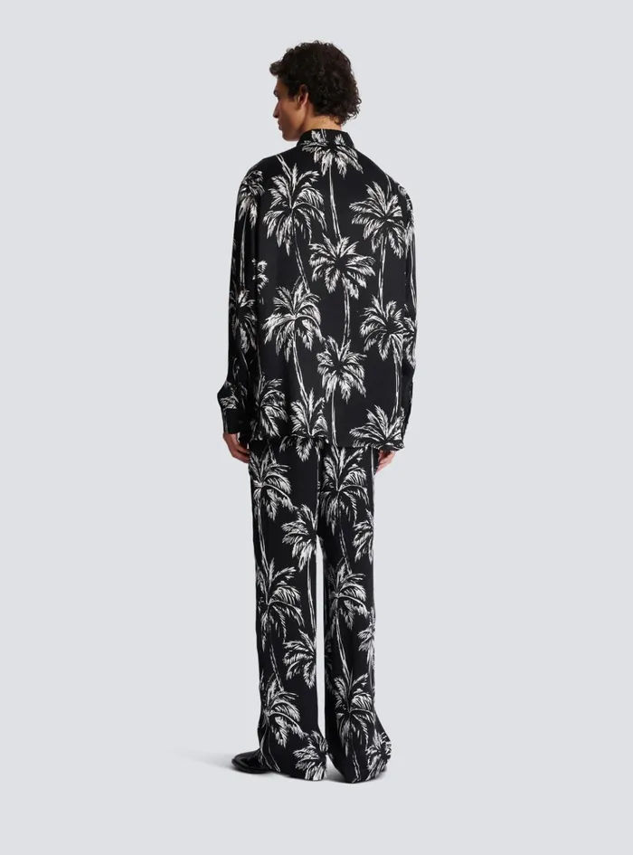 Printed Satin Palm Tree Shirt Black Men Balmain Shirts And Polos