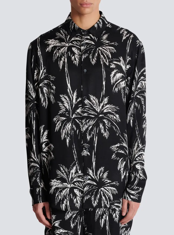 Printed Satin Palm Tree Shirt Black Men Balmain Shirts And Polos