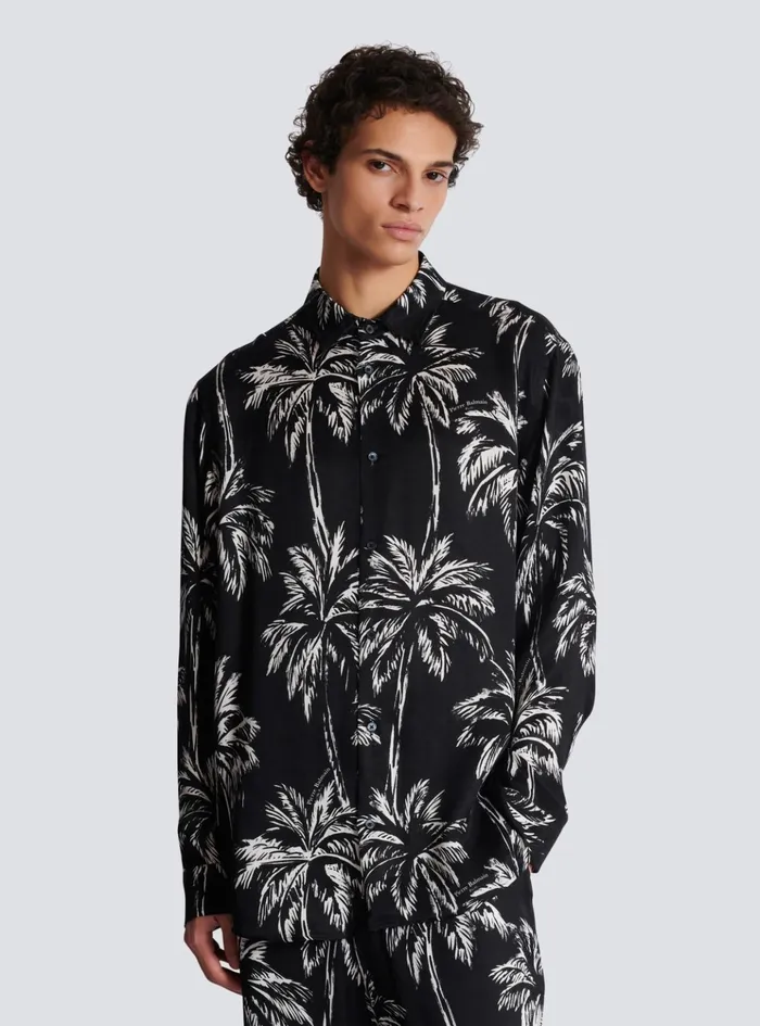 Printed Satin Palm Tree Shirt Black Men Balmain Shirts And Polos