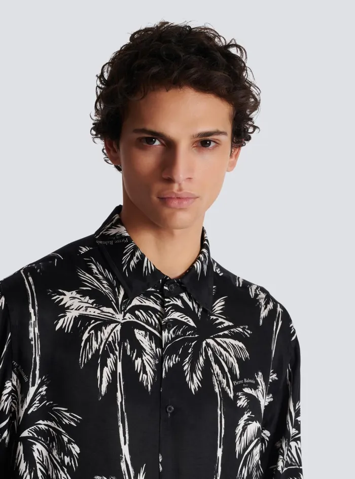 Printed Satin Palm Tree Shirt Black Men Balmain Shirts And Polos