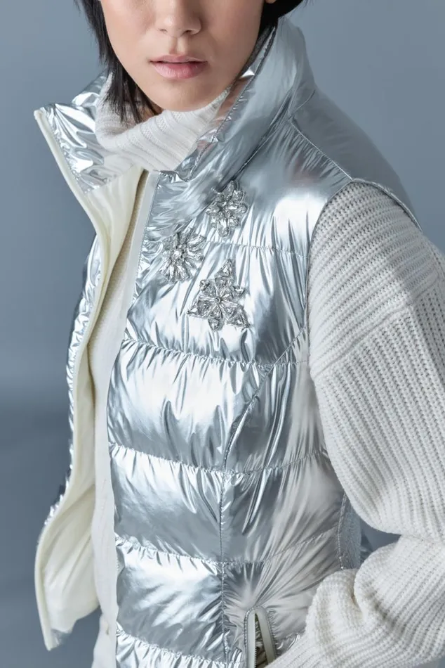 Puffers Women Mackage GISELAMSF Metallic Laminate Snowflake Down Vest Silver Puffers Women Mackage GISELAMSF Metallic Laminate Snowflake Down Vest Silver