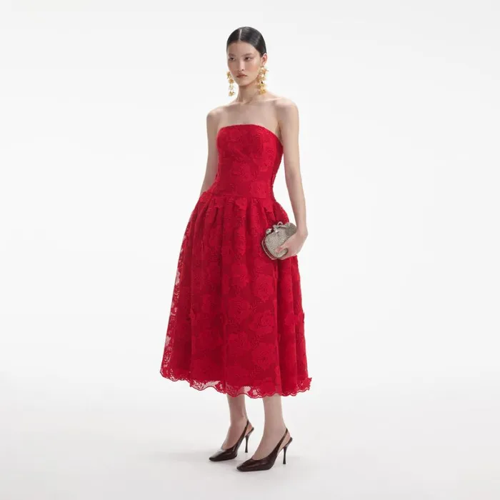 Red Bandeau Lace Midi Dress Women Self Portrait Dresses