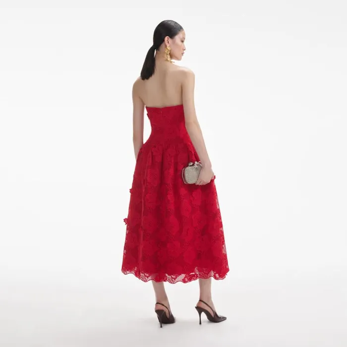 Red Bandeau Lace Midi Dress Women Self Portrait Dresses