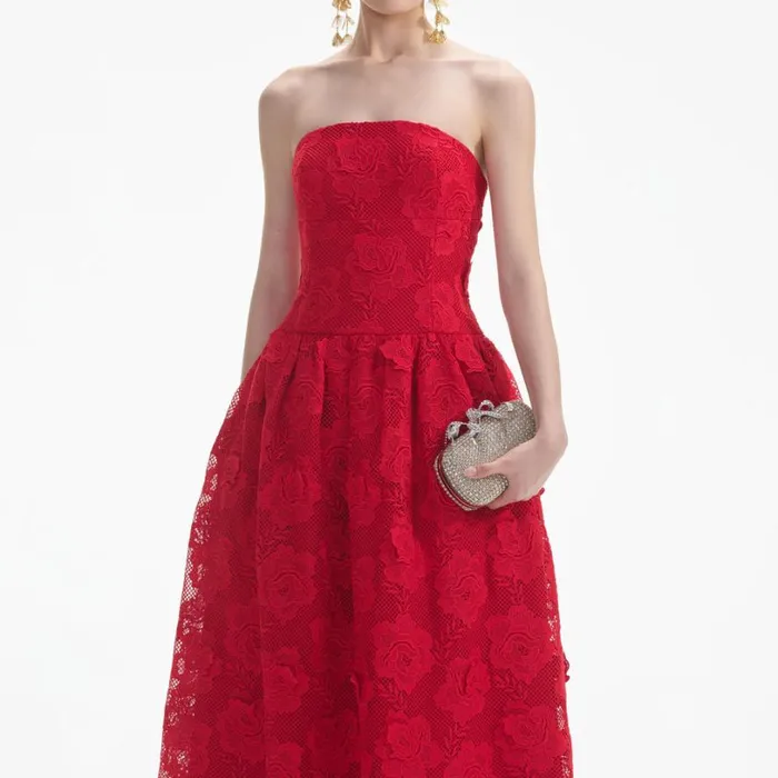 Red Bandeau Lace Midi Dress Women Self Portrait Dresses