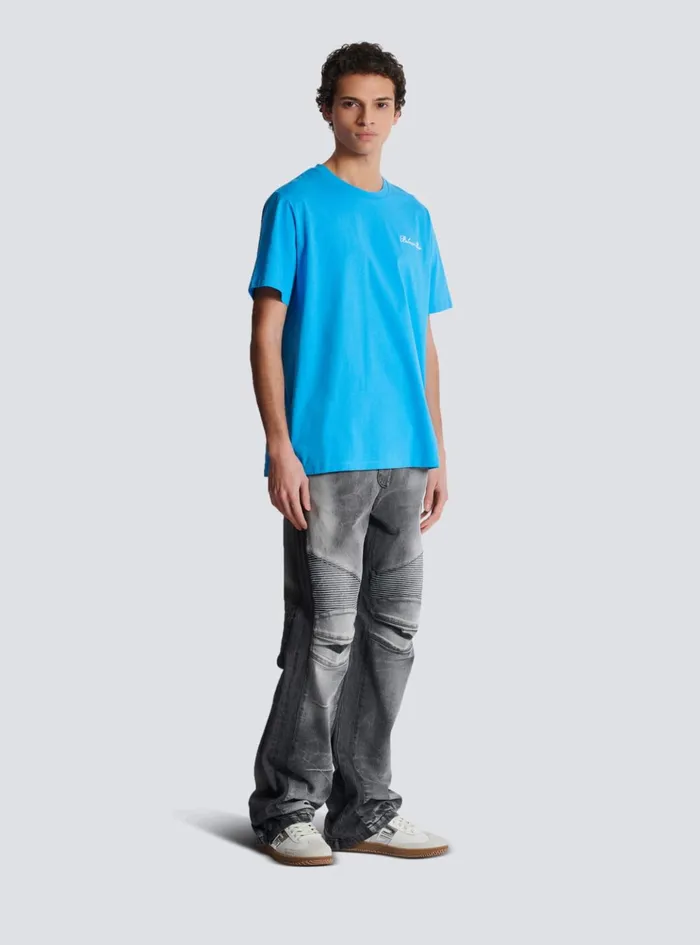 Relaxed Tshirt With Signature Embroidery Blue Men Balmain Sportswear