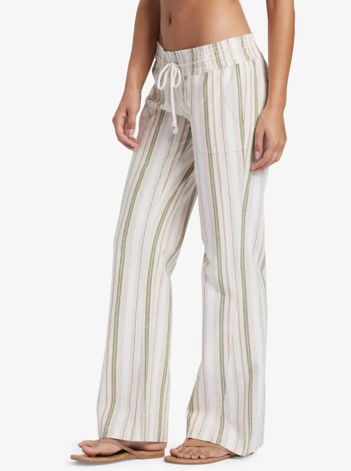 Roxy Pants and Jeans Oceanside Flared Beach Pants Loden Green Cabana Stripe 8211 Women