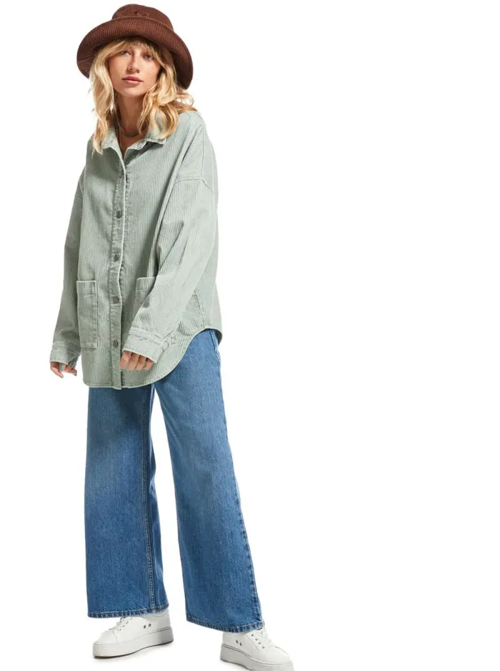 Roxy Tops Kick Back Washed Corduroy Long Sleeve Shirt Blue Surf 8211 Women