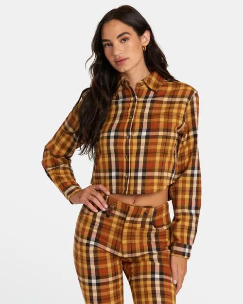 Rvca Bayside Flannel Long Sleeve Shirt Latte Women Tops