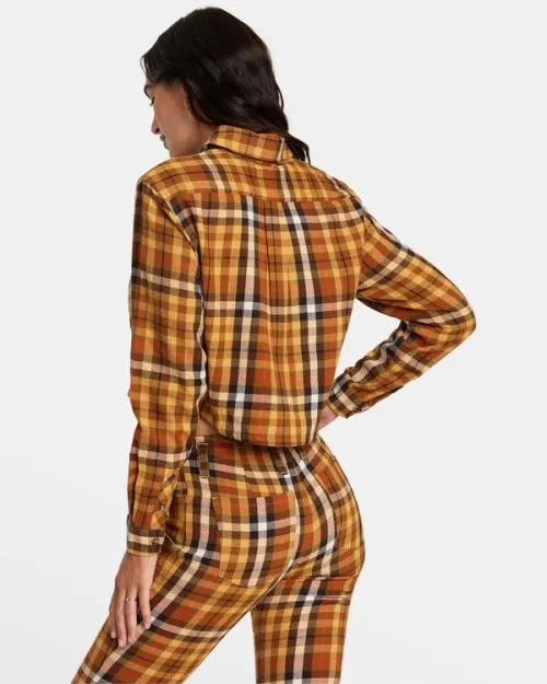 Rvca Bayside Flannel Long Sleeve Shirt Latte Women Tops