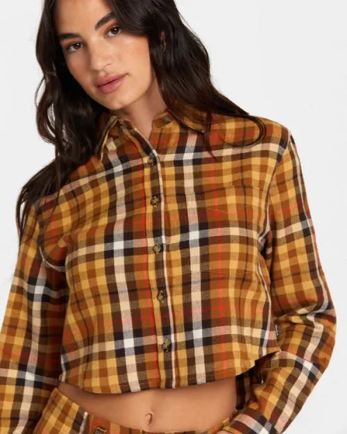 Rvca Bayside Flannel Long Sleeve Shirt Latte Women Tops